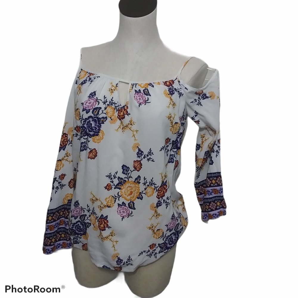 Pink‎ Rose Cold Shoulder Floral Print Top Size Small